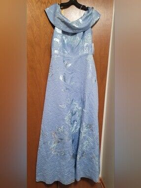 Teri Jon By Ricki Freeman Off Shoulder Light Blue Floral Jacquard Metalli Dress